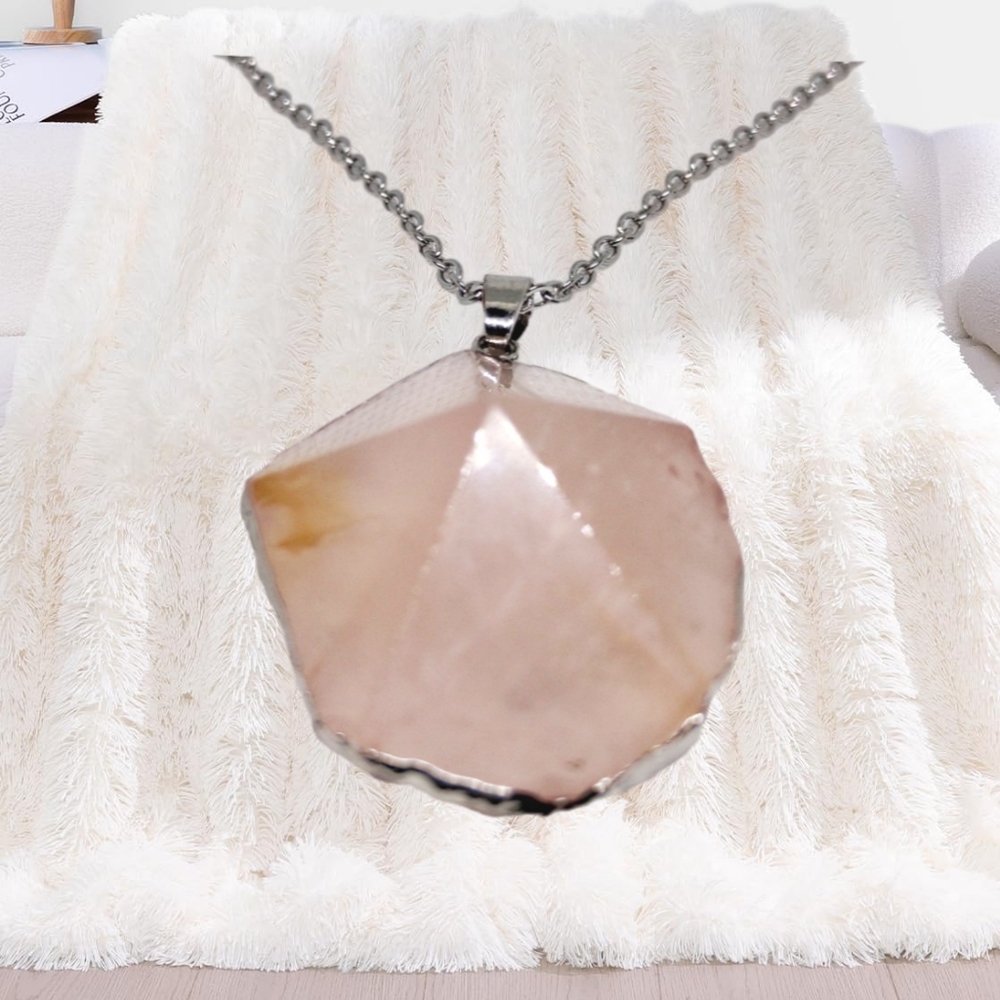 Natural Polished Rose Quartz Pendant Healing Stone. Stainless Steel Necklace